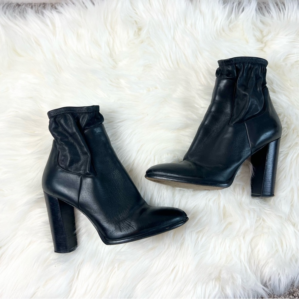 VINCE Odelia Black Leather Stretchy Ankle Heeled Booties